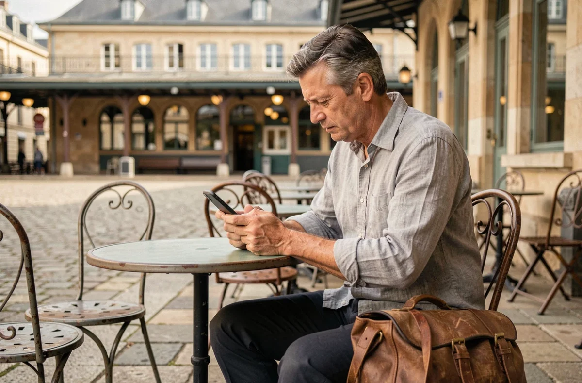 Homme consultant ses horaires de prière sur smartphone à une terrasse de café près d'une gare à Nantes