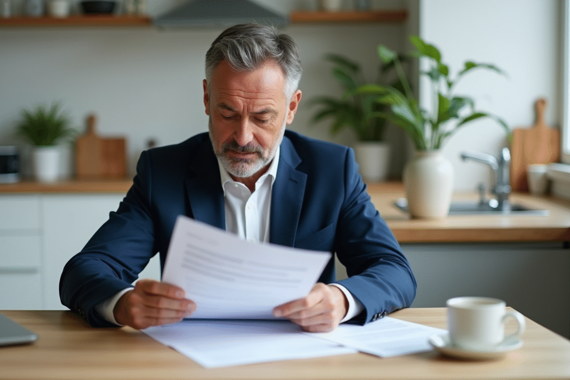Homme d'âge moyen en costume bleu examine des documents immobiliers