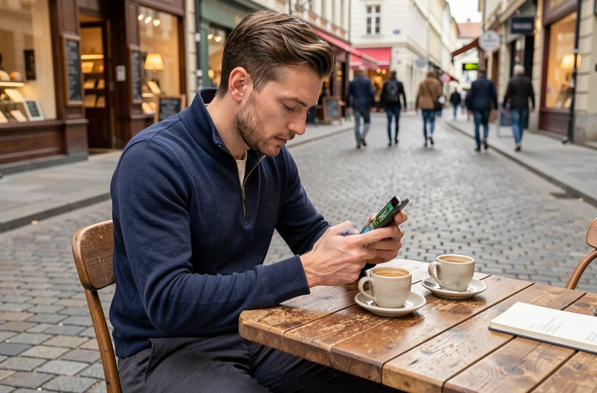 Homme jouant à un jeu mobile sur smartphone dans un café en terrasse en ville
