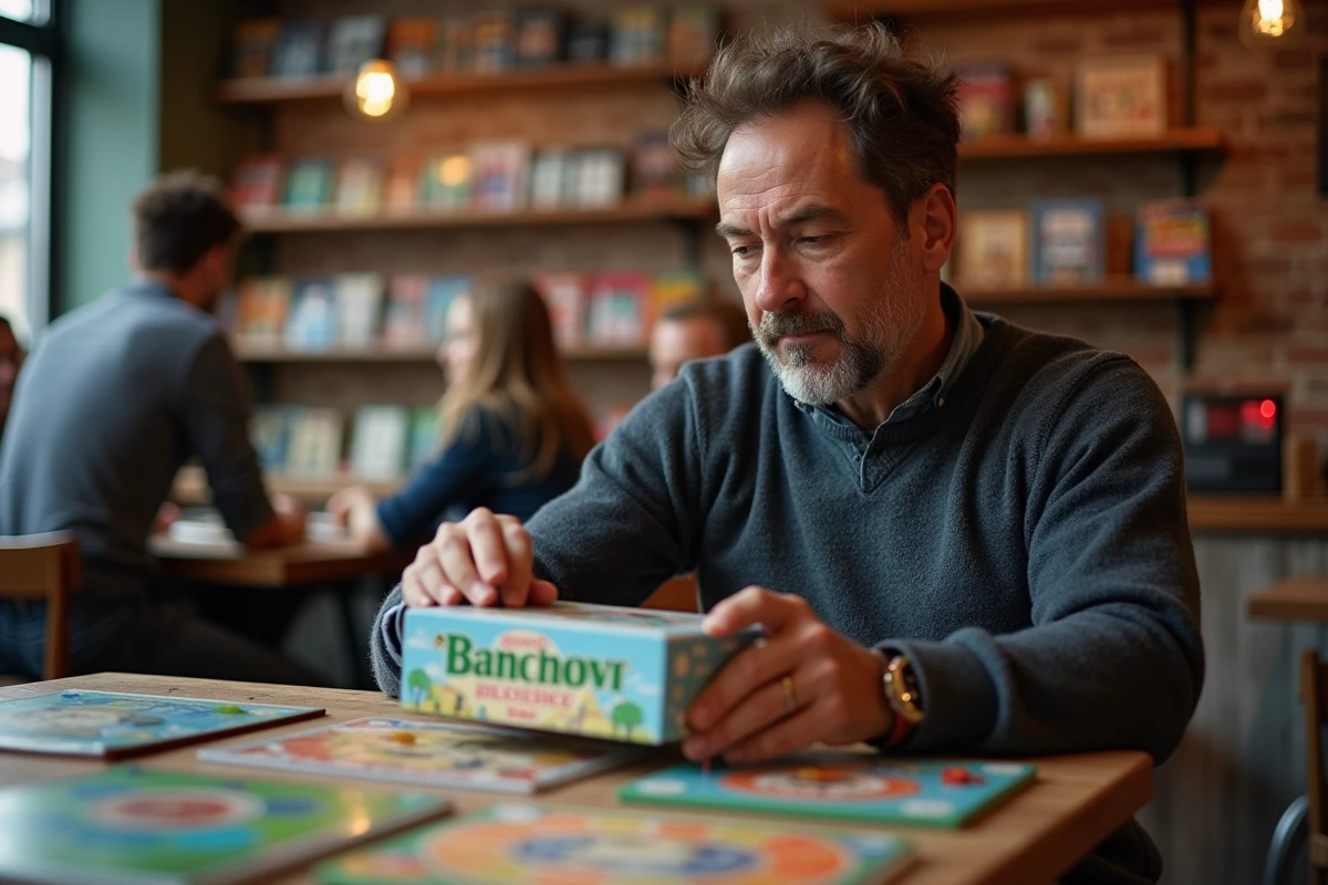 Homme d'âge moyen examinant un jeu de société dans un café cosy