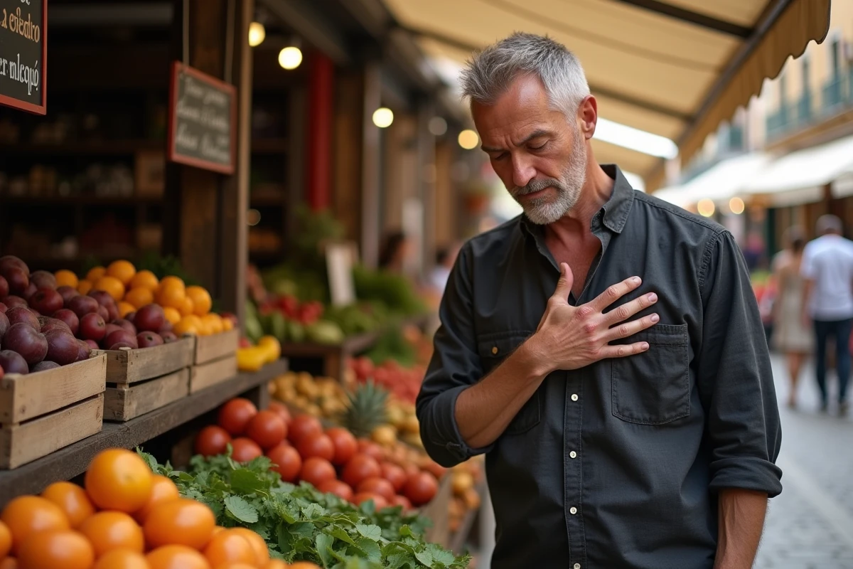 Homme exprimant sa gratitude sur un marché espagnol en plein air, illustrant la différence entre muchas gracias et mil gracias