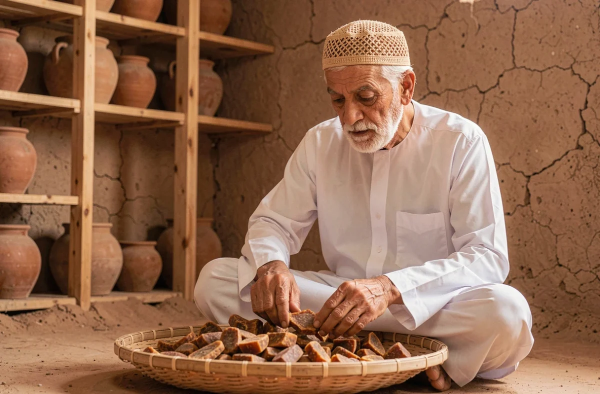 Vieil homme omanais en dishdasha blanc triant des morceaux de résine de louban dans un panier en osier à l'intérieur d'une pièce en adobe traditionnelle