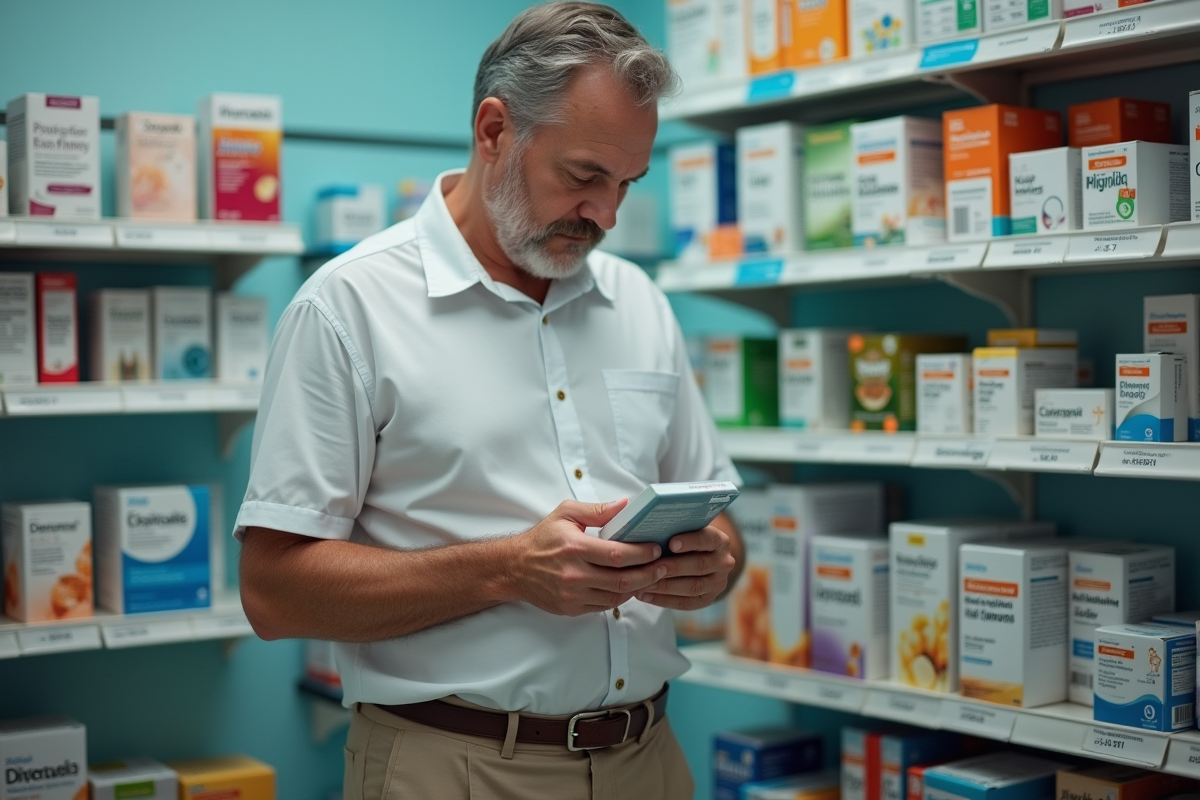 Homme regardant une boîte de médicaments en pharmacie