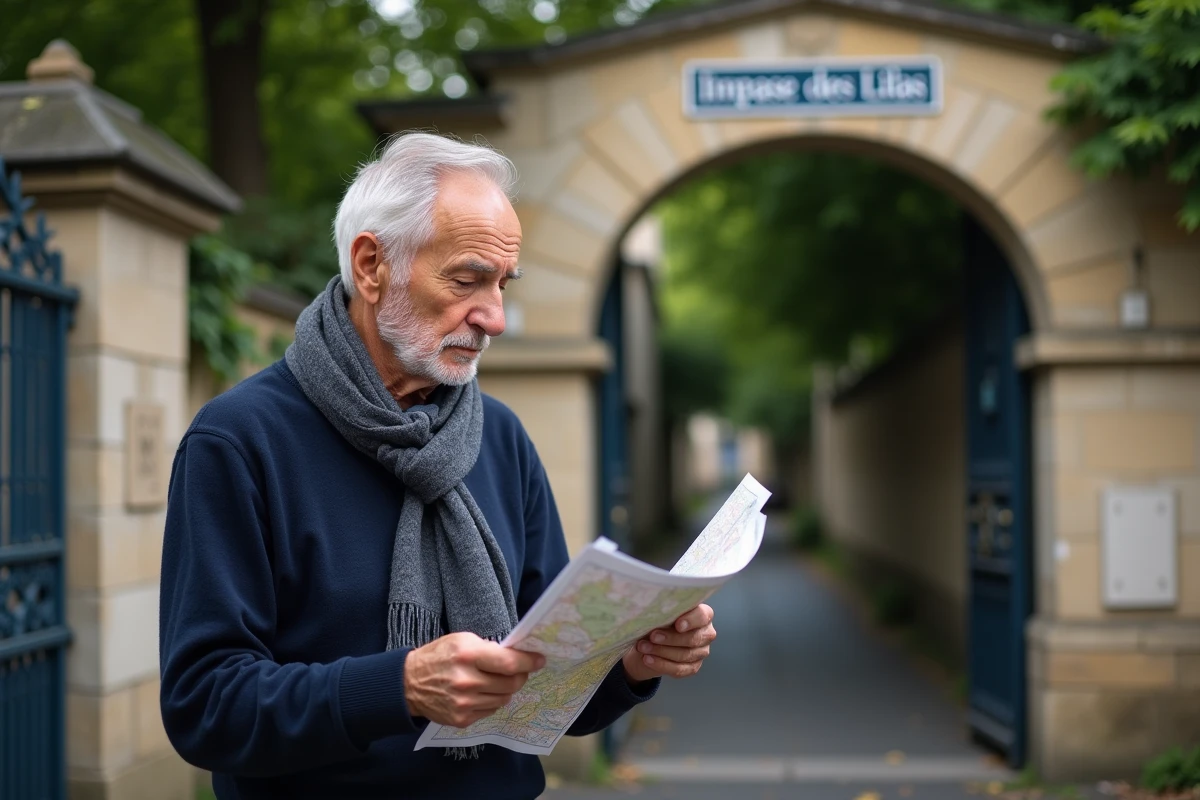 Homme âgé vérifiant une carte devant une entrée parisienne