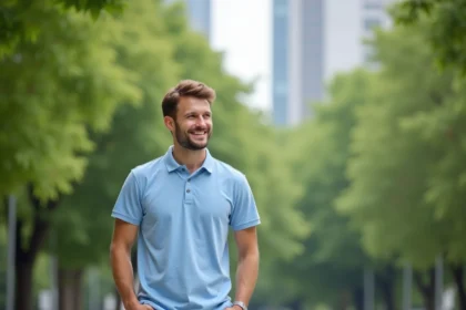 Homme souriant en polo bleu dans un parc urbain