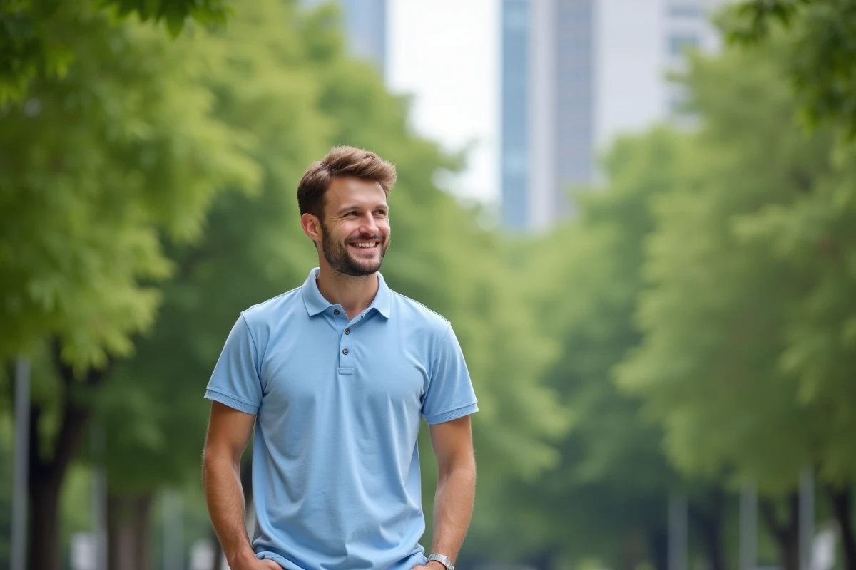 Homme souriant en polo bleu dans un parc urbain