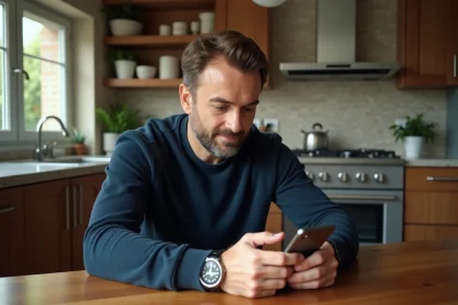 Homme d'âge moyen utilisant son smartphone pour prier à la maison