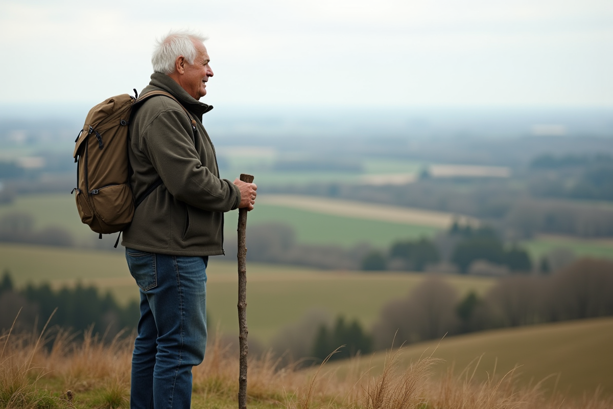 Homme âgé en randonnée avec vue panoramique