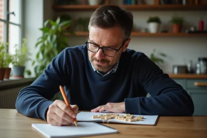 Homme d'âge moyen réfléchissant à des lettres dans la cuisine