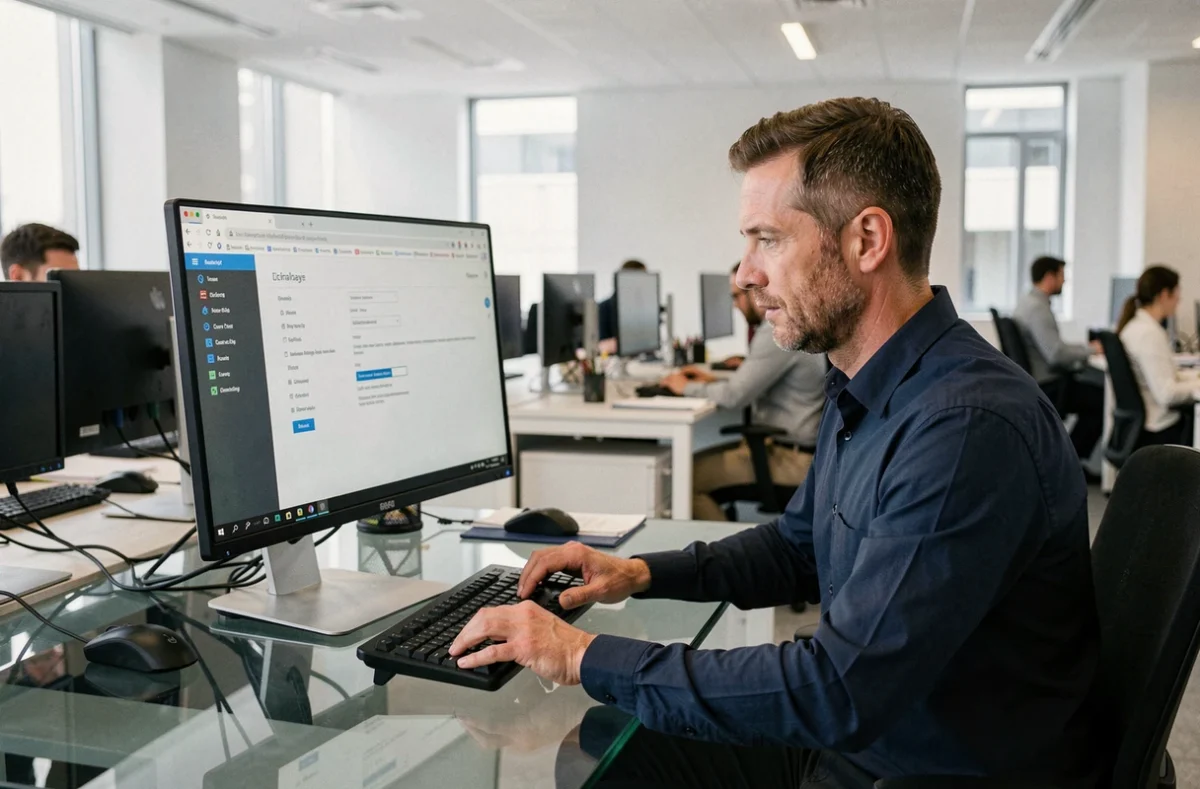Homme consultant les paramètres de son navigateur sur un ordinateur de bureau dans un bureau professionnel