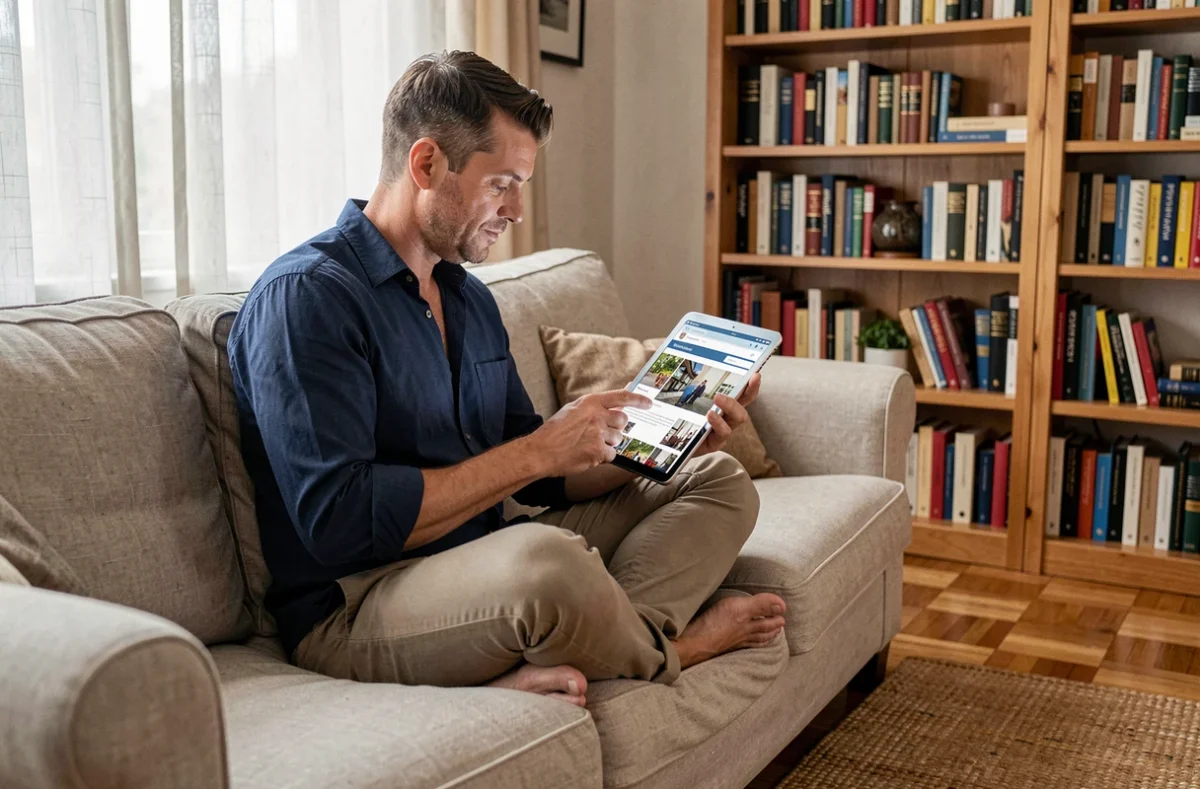 Homme parcourant des ressources culturelles associatives sur une tablette depuis son salon à domicile