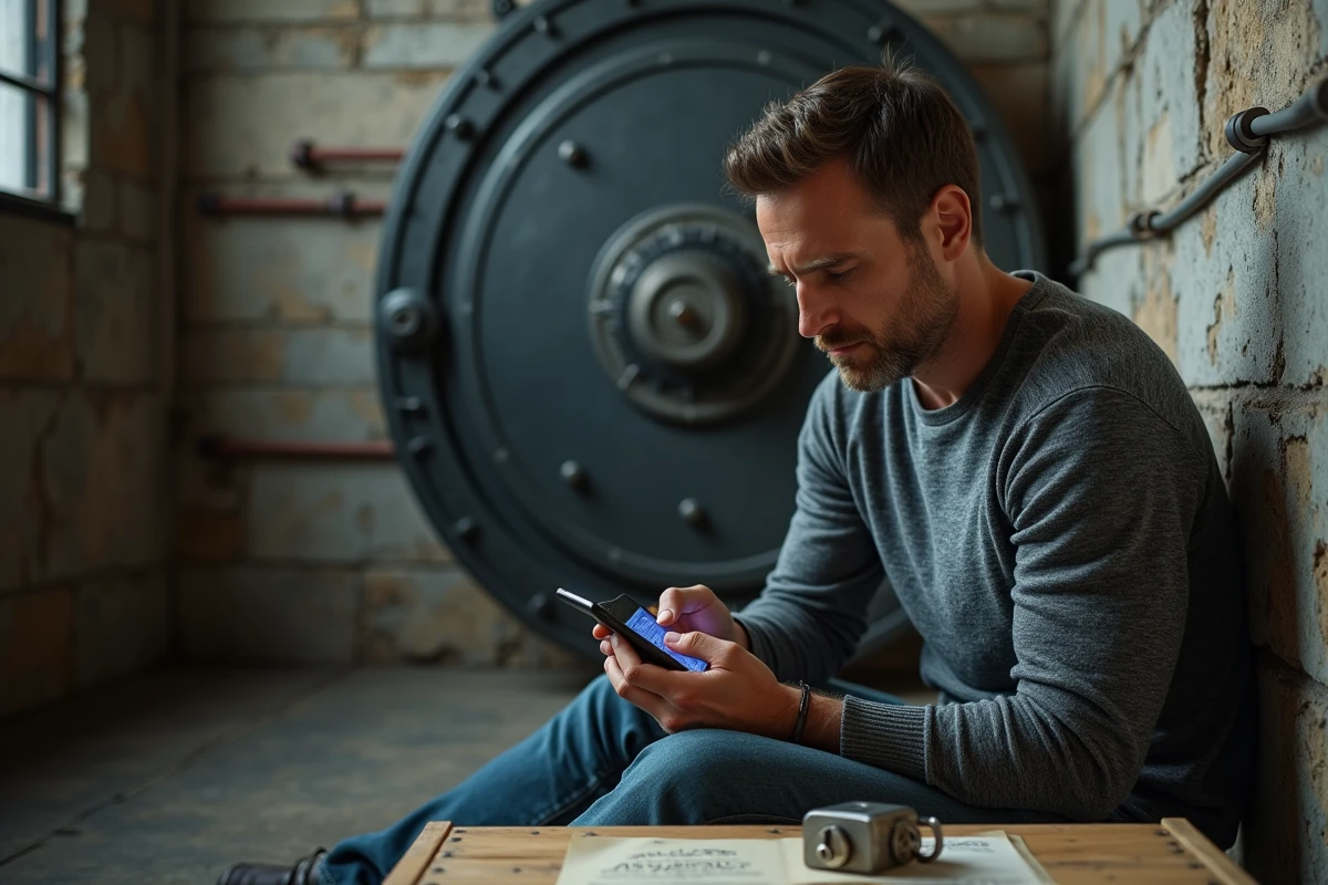 Homme consultant une solution sur smartphone dans un escape room industriel avec cadenas et boîte à code posés au sol