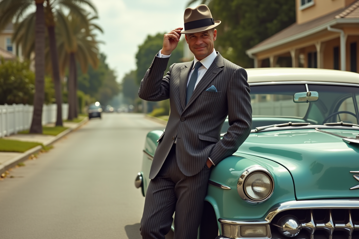 Homme d age ajustant son fedora devant une voiture ancienne