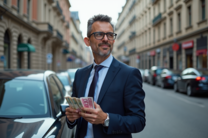 Homme en costume comptant des euros devant une voiture en ville