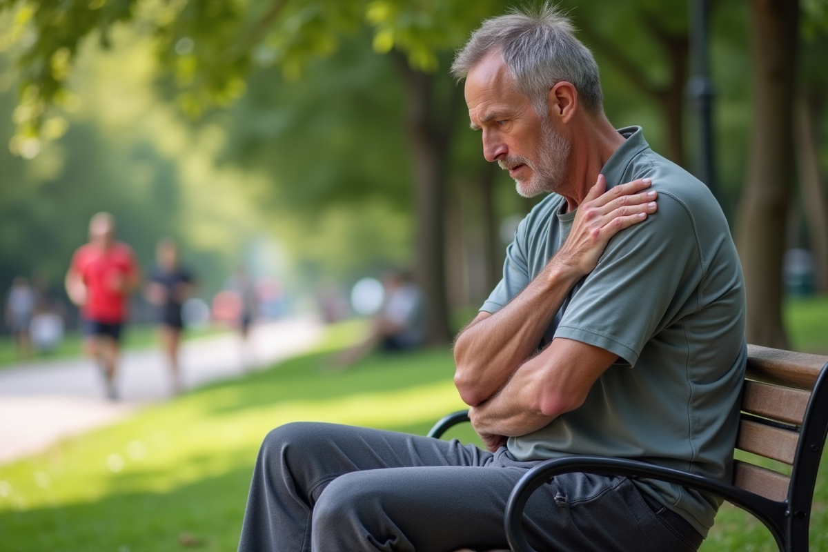 Homme en yoga assis sur un banc dans un parc