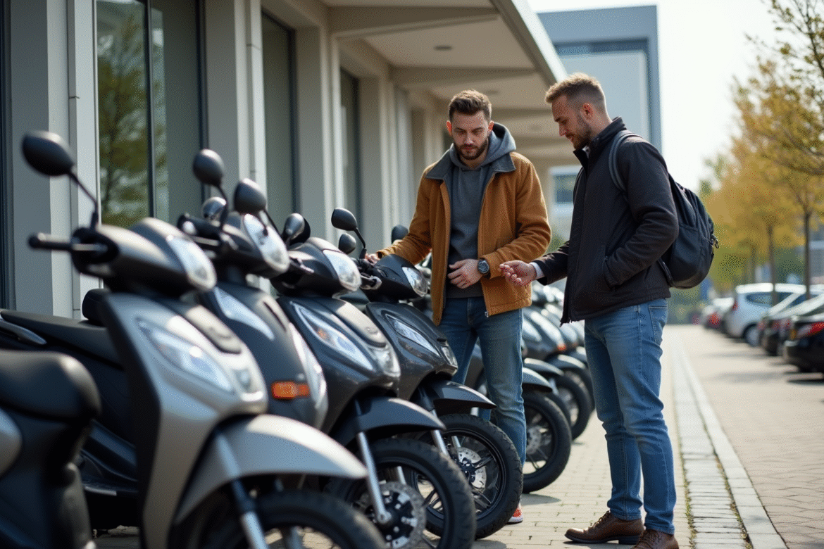 Deux hommes regardant une moto Dax devant un concessionnaire