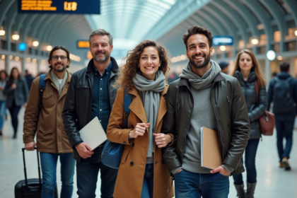 Groupe d'immigrants à la gare européenne avec bagages et documents