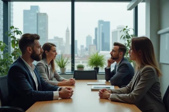 Groupe de collègues aux expressions mal à l'aise lors d'une réunion de bureau, illustrant l'impact des blagues discriminatoires en milieu professionnel
