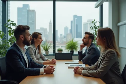 Groupe de collègues aux expressions mal à l'aise lors d'une réunion de bureau, illustrant l'impact des blagues discriminatoires en milieu professionnel