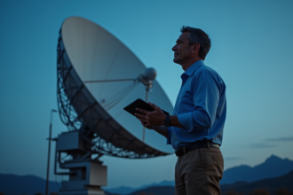 Ingénieur homme devant une grande antenne satellite la nuit