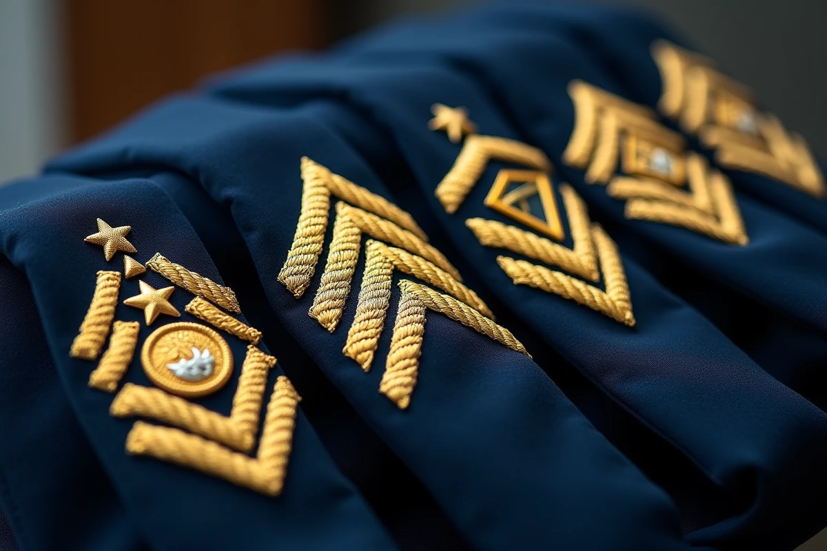 Gros plan sur les insignes de grade militaires français côte à côte représentant les équivalences entre la Marine nationale, l'Armée de Terre et l'Armée de l'Air