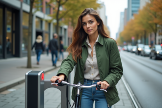 Jeune femme déverrouillant un vélo en ville