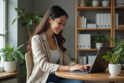 Jeune femme professionnelle utilisant une tablette Windows dans un bureau lumineux