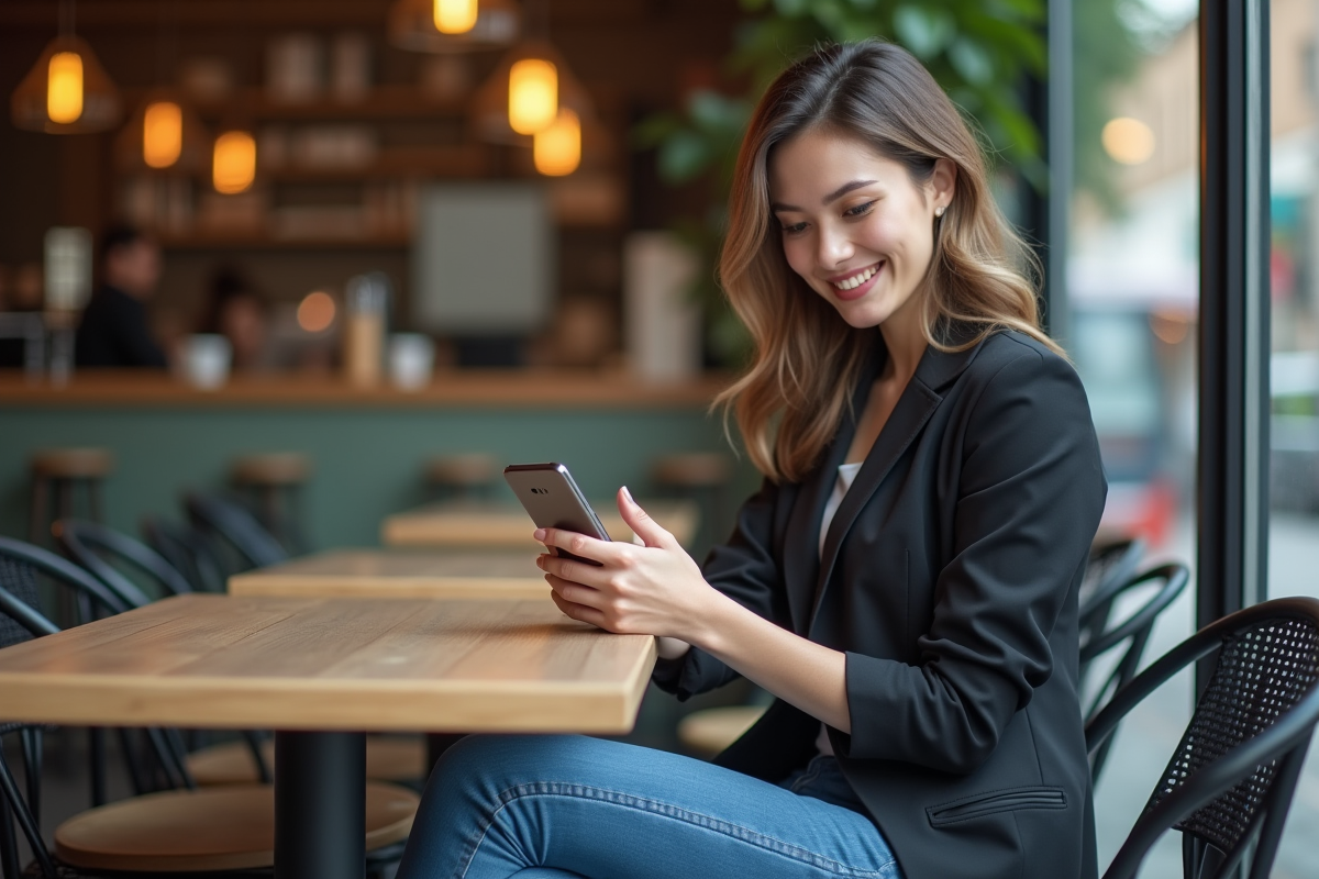 Jeune femme travaillant seule dans un café urbain