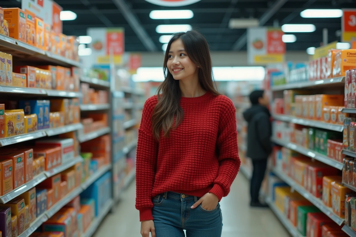 Jeune femme souriante dans une épicerie de nuit