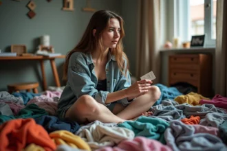 Jeune femme regarde une étiquette de vêtements fast fashion