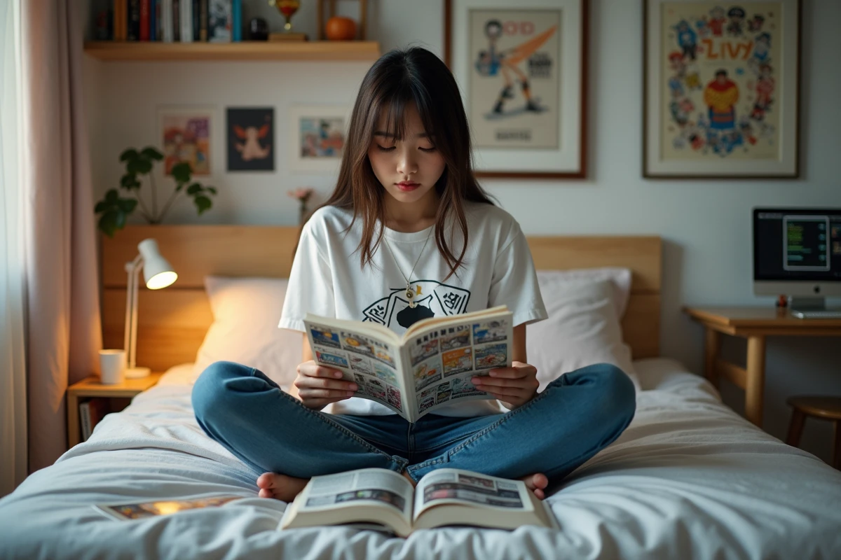 Jeune femme lisant un manga dans sa chambre cosy