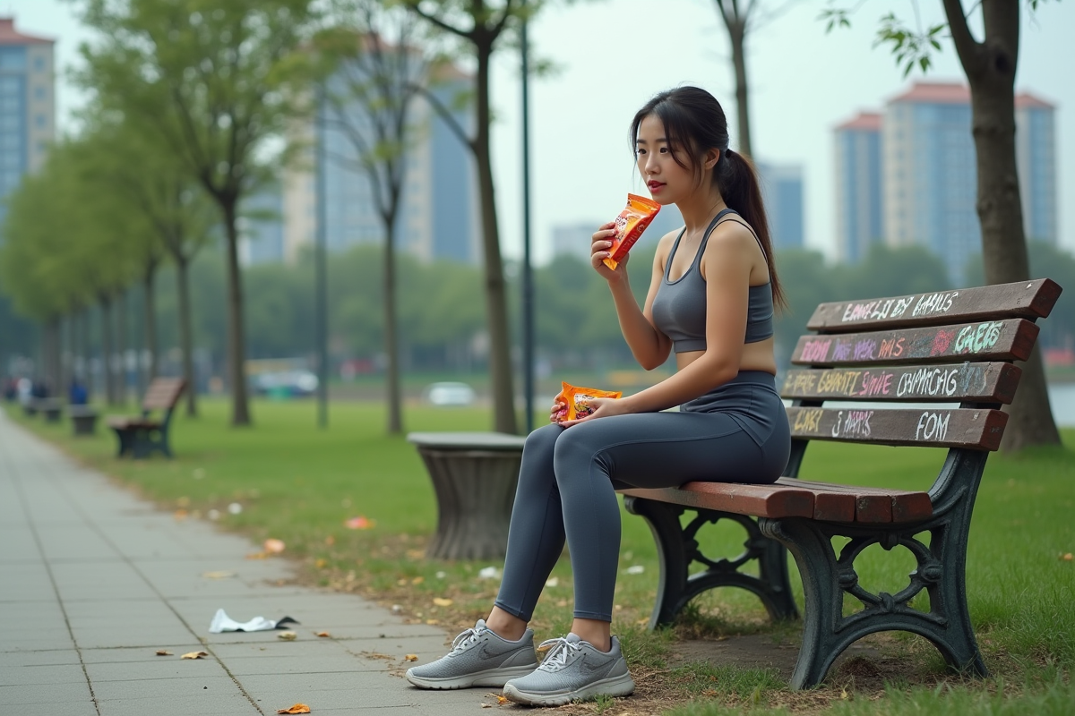 Jeune femme mangeant des snacks sur un banc de parc urbain