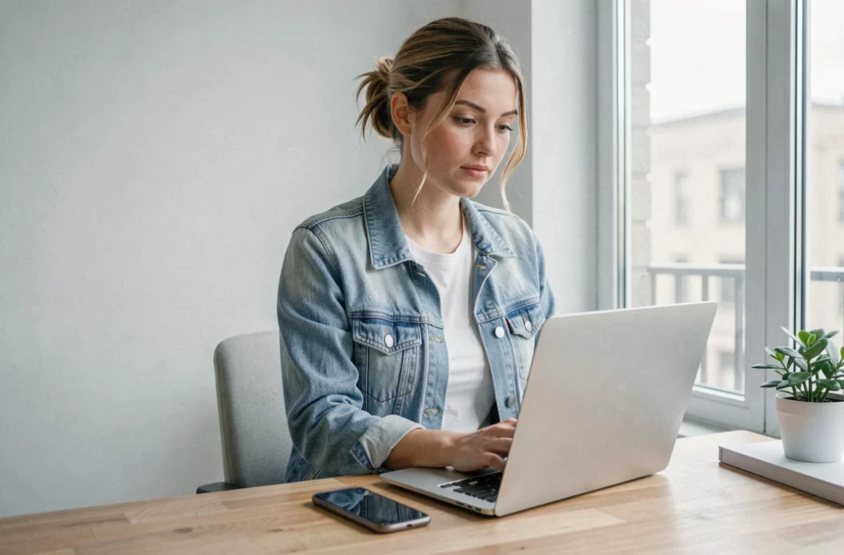 Jeune femme recherchant les horaires et numéro de téléphone de Pôle emploi sur son ordinateur avant d'appeler