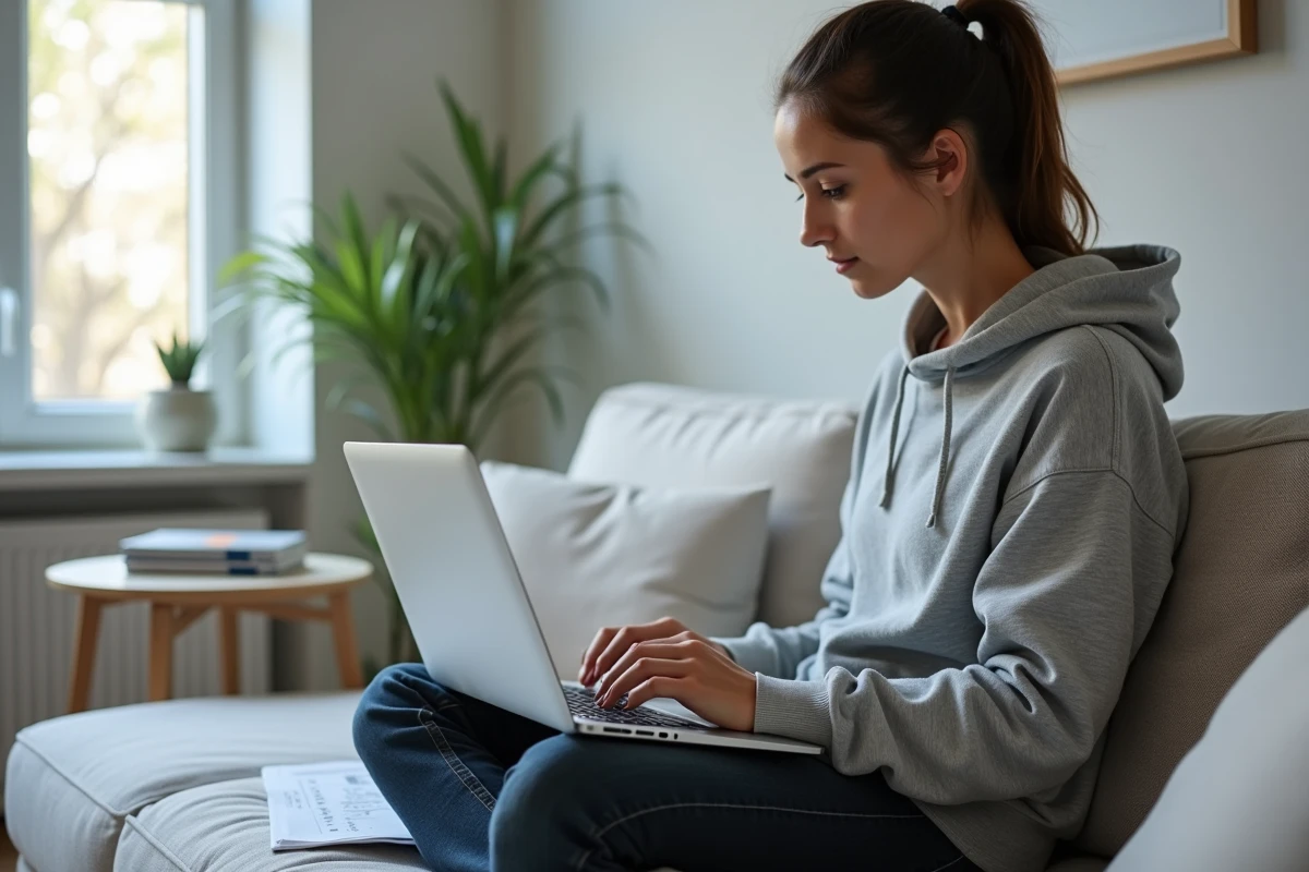 Jeune femme révisant les exercices d'accord du COD en français sur son ordinateur portable et une feuille de grammaire imprimée