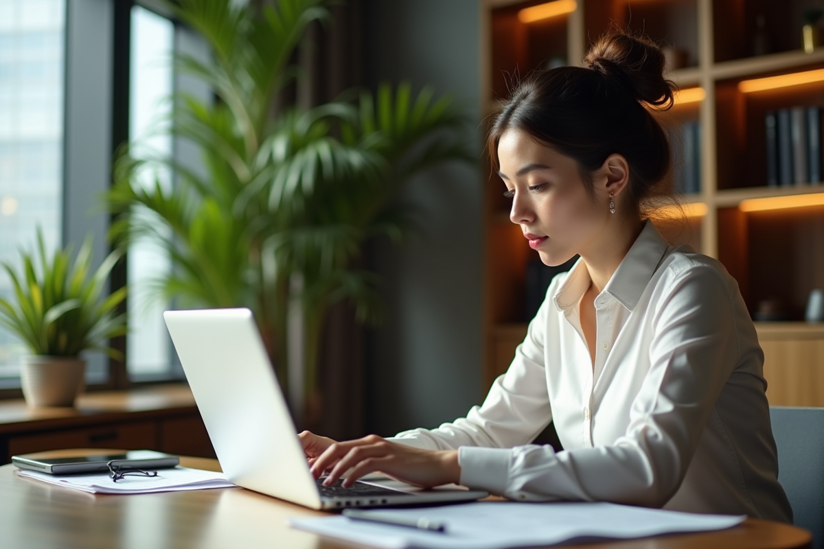 Jeune femme concentrée travaillant sur son ordinateur dans un bureau lumineux