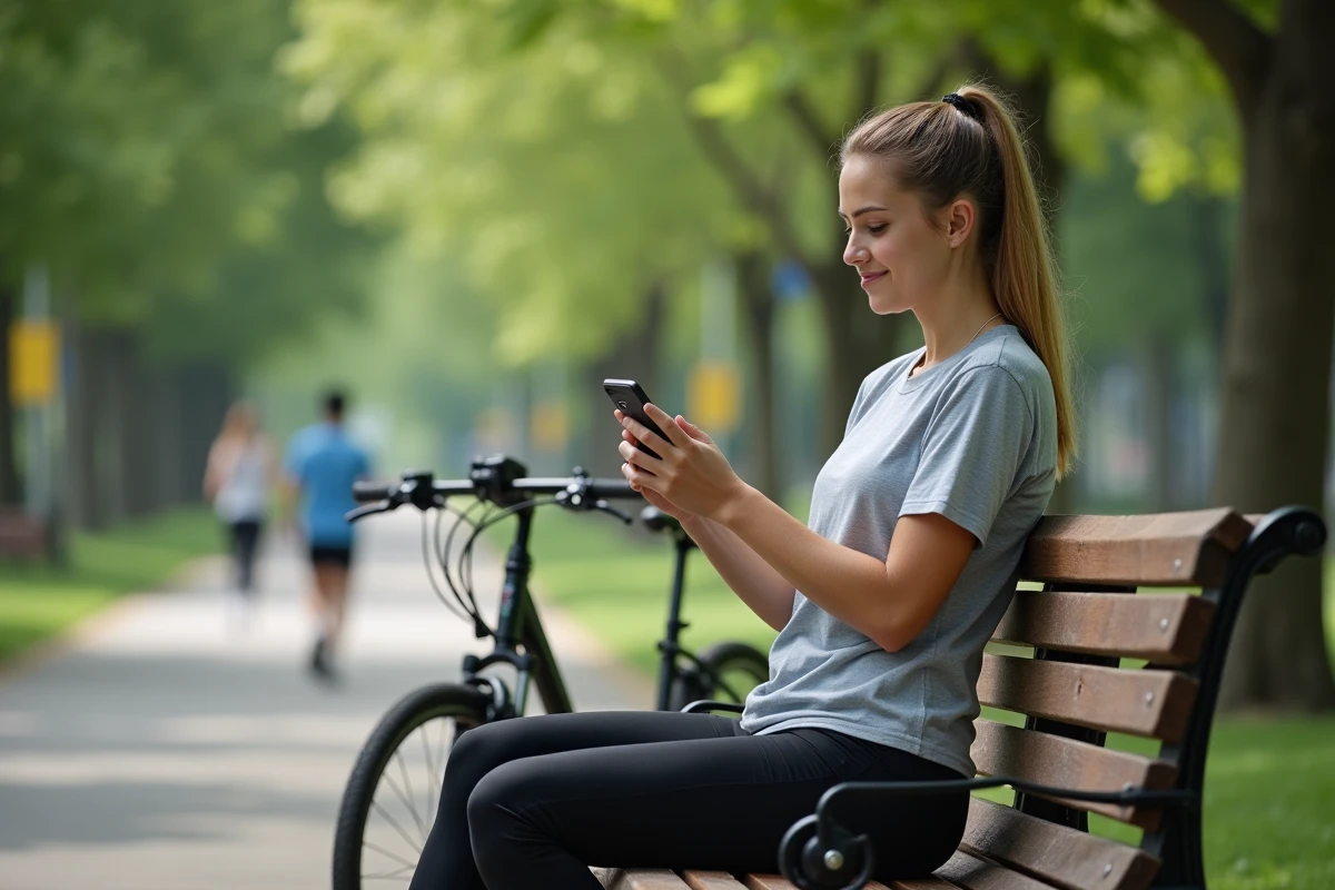 Jeune femme avec vélo regardant son téléphone dans un parc