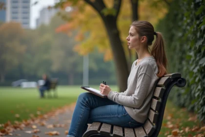 Jeune fille pensant assise sur un banc dans un parc en automne