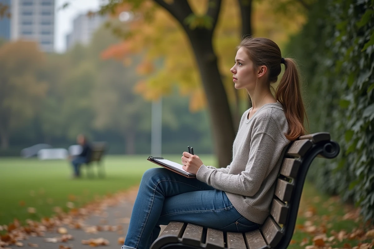 Jeune fille pensant assise sur un banc dans un parc en automne