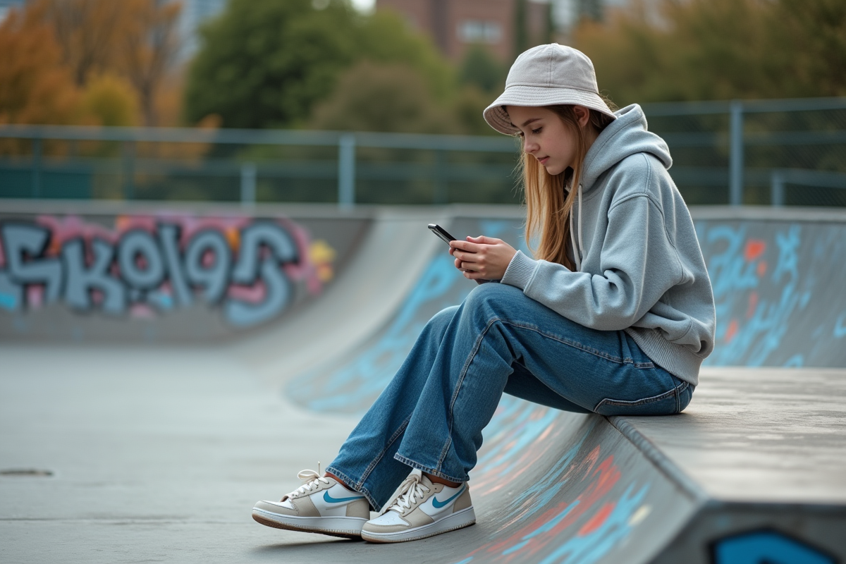 Une adolescente assise sur une rampe de skate dans un parc