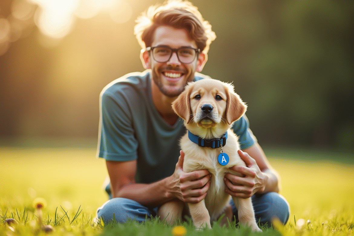 Jeune homme heureux avec un chiot dans un parc ensoleille