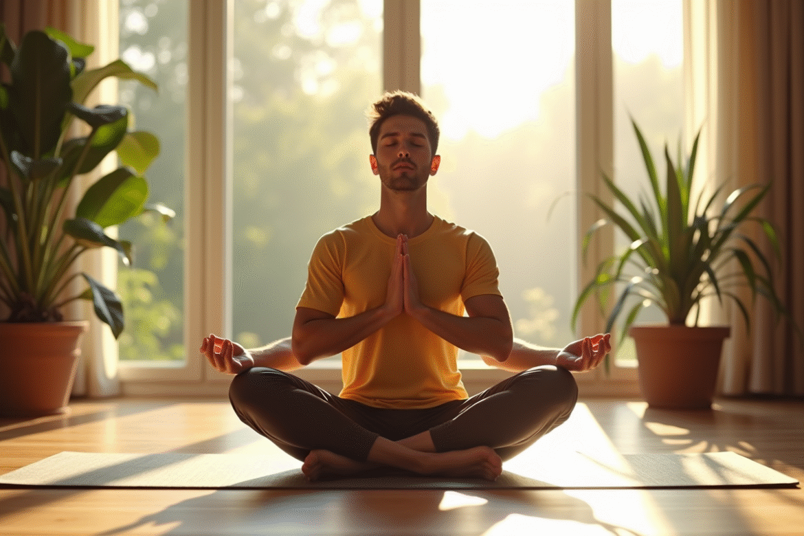 Jeune homme en tenue de sport faisant des exercices de respiration dans un salon lumineux