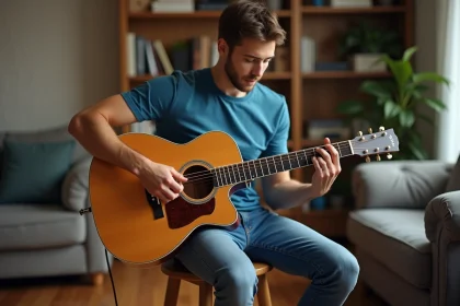 Jeune homme jouant de la guitare acoustique dans un salon