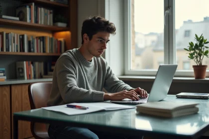 Jeune homme concentré sur son ordinateur dans un appartement moderne