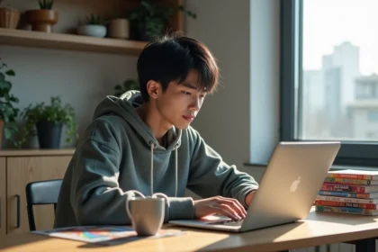 Jeune homme concentré sur son ordinateur dans un appartement moderne