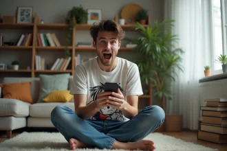 Jeune homme surpris avec smartphone dans un salon cosy