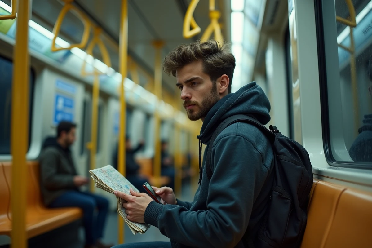 Jeune homme comparant un plan de métro papier et son smartphone dans une rame de métro parisien