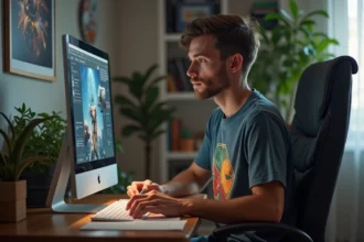 Jeune homme concentré sur son ordinateur à la maison