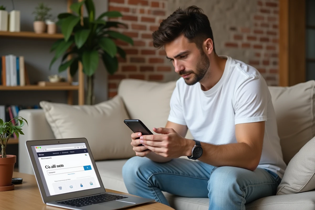 Jeune homme vérifiant sur son téléphone et ordinateur à qui appartient un numéro 06 72 pour éviter les spams