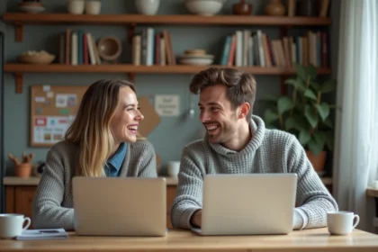 Deux jeunes adultes rient en travaillant sur leur ordinateur dans une cuisine conviviale