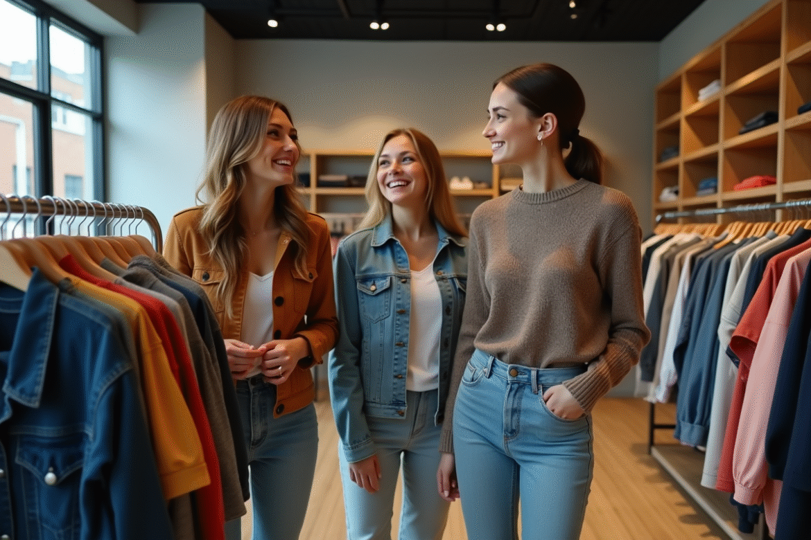 Groupe de jeunes adultes souriants dans une boutique de mode